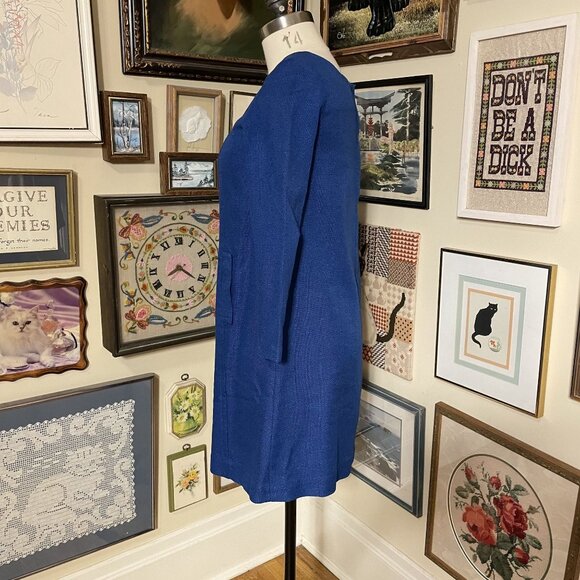 60s Vintage Classic Dark Blue Square Neck Burlap Shift Dress with Pockets Size M - Picture 3 of 7